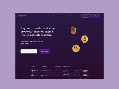 DigiTron, a crypto exchange platform buy crypto dark theme exchange free junior landing page log in nft purple register sell stocks ui design ux design