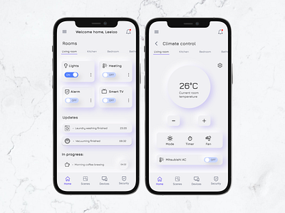 Smart home, monitoring app ac alarm app application beautiful cubrilo design diana elegant home house lights monitoring neumorphic noah security smart tracking ui ux