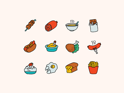 Food Icons in Doodle Style color icons design design tools digital art flat design food food and drink food icons graphic design icon design icon set icons icons pack illustration illustrations illustrator ui ux vector art web design