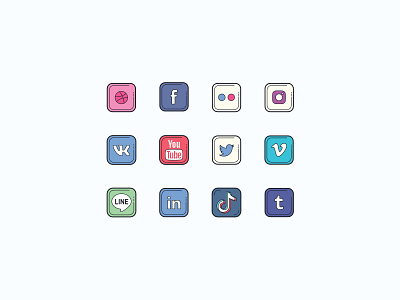 Social Logos in Color Hand Drawn Style