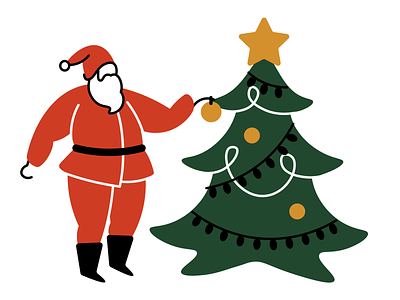 Santa Decorating a Christmas Tree christmas christmas tree digital art flat design graphic design illustration santa claus vector art