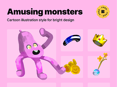 Bright monsters illustrations Freebie bright cartoon coins crown design tools flower free freebie illustration monster raster illustration vr