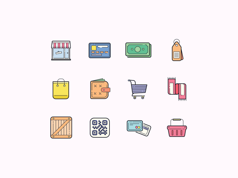 Shopping Icons in Color black friday color icons design design tools digital art ecommerce flat design flat icons flat illustration graphic design icon design icons icons pack icons set illustration shopping ui ux vector art web design