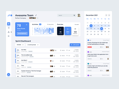 Project Management Tool agil application calender cards dashboard glow graphs kpi list element matrix chart nav bar new work productivity project management sprints statistics tickets ui web app