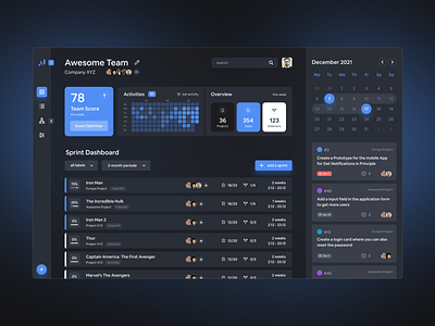 Project Management in a dark theme agil application calender cards dark dashboard glow graphs kpi list element matrix chart nav bar new work productivity project management sprints tickets ui web app