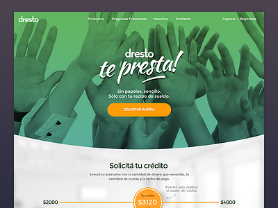 Dresto - Online personal loans color green hands homepage landing loan slider ui ux web