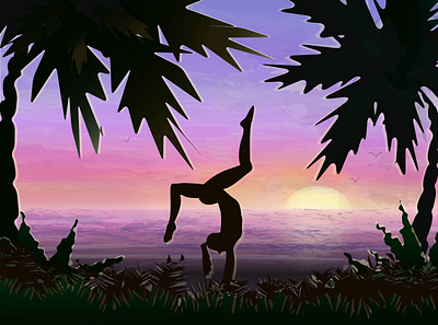 yoga at sunset design illustration ui vector yoga закат море пальмы природа