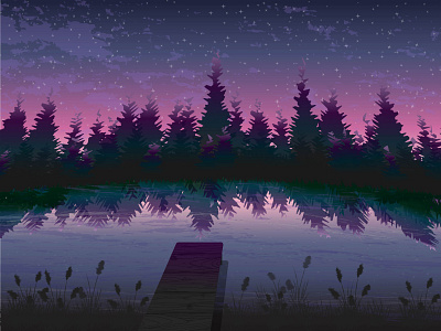 nocturnal nature design forest illustration lake night stars vector природа