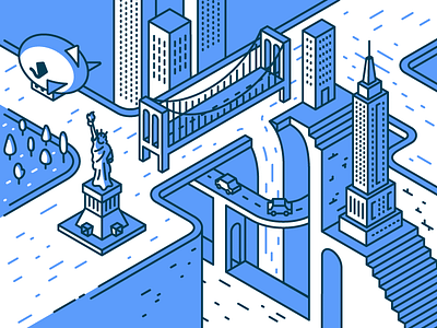 Aerolab meets Ustwo city empire illustration isometric liberty monument new state statue valley york zeppelin
