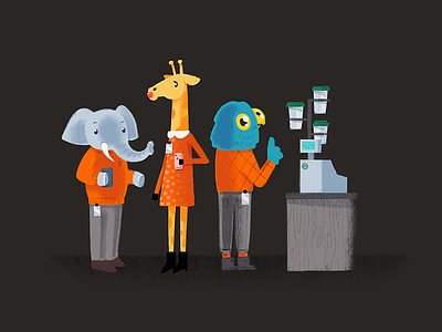 Animal bankers getting coffee 420 animals bankers character coffee design elephant giraffe illustration office parrot starbucks