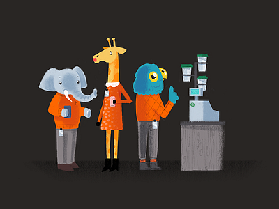 Animal bankers getting coffee 420 animals bankers character coffee design elephant giraffe illustration office parrot starbucks