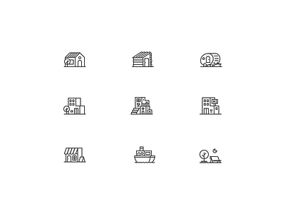 Living spaces icons apartment census design home hotel house icon illustration pixel perfect store street trailer