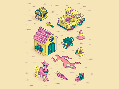 Crimescene alpaca cat character design house illustration isometric mystery scene silhouette treasure truck