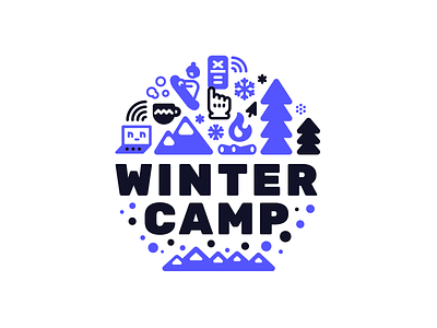 Wintercamp badge camp fire course design illustration logo mountains snow snowboard snowflake ui ux winter workshop