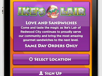 Ike's Lair Sandwich App app location mobile sandwich sign up ui