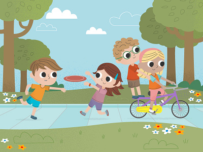 Kids Characters Playing bicycle children frisbee girls kids park playing tree