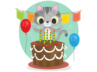 Happy Birthday - V01 ballon birthday cake canddle cat character children design flat illustration party vector