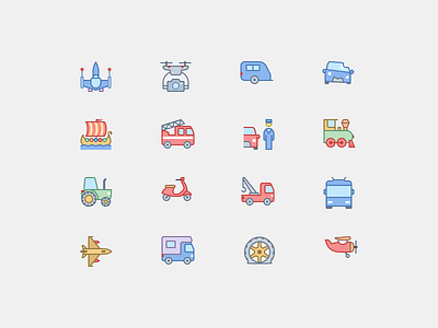 New Transport Icons in Office Style crashed car drone flat icons office icons prop plane ship tire trailer