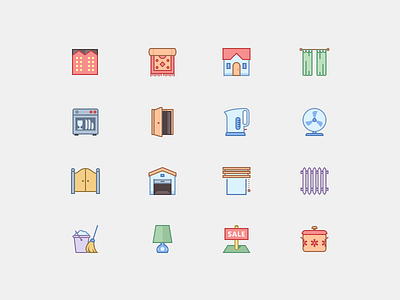 Household Icons in Office Stye apartment carpet curtains door fan flat icons garage house lamp office icons teapot