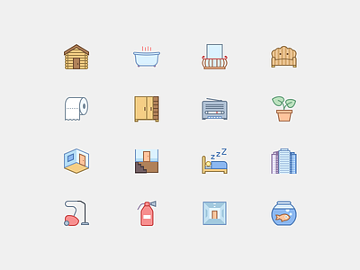 Household Icons in Office Style 3 aquarium flat icons log cabin office icons potted plant skyscrapers sofa toilet paper