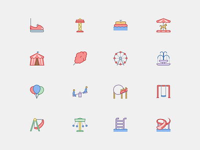 Amusement Park Icons in Office Style amusement park carousel circus city flat icons office icons pool swings