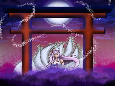 Kitsune under the Moon animeart beginner digital art kitsune torii