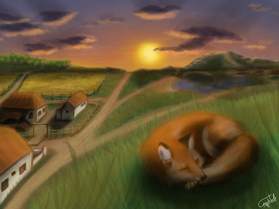 Sleeping evening fox digital art evening fox illustration landscape village wilderness
