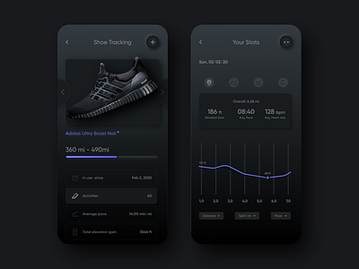 Run Tracker Dark Mode dark mode dark ui design mobile app neumorphism running app shoes sketch skeumorphic skeuomorphism tracker