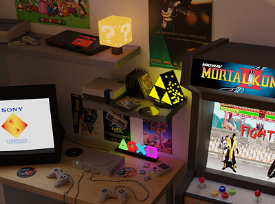 Gaming Room 3d 3d art 3dmodeling blender blender3d blender3dart blendercommunity blendercycles cgi design gameboy lowpoly lowpoly3d mortalkombat nintendo playstation render sega zelda