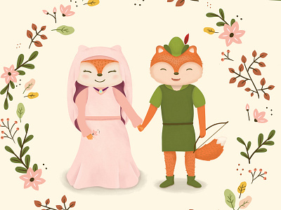 Robin Hood + Maid Marian character disney floral illustration