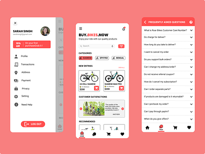 CYCLE MART APP adobe xd bikes cycle cycle app ecommerce figma pink red roar bikes ui ux visual design