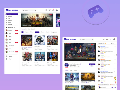 GAME STREAMING - streaming chat made easy adobe xd blue call on duty esports figma freefire game streaming app games live chats ops pubg purple sports streaming chats user interface user research uxui video games web design website