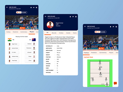 SPORTS APP - PLAYERS DETAILS acheivements adobe xd awards batmittion blue cricket esports fan club figma football hockey live sports players score sports sports app ui ux visual design volleyball