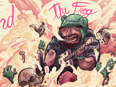 The Frog "T3rd" album jacket band fire guitar humor illustration music orange skeletons the frog yellow zombies
