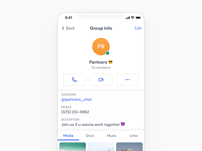 Chat Profile Page (Mobile) - UI kit call chat chat app communication app contact edit group group chat info member message messaging messenger profile settings team video call