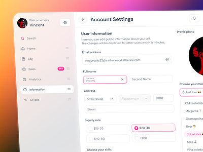 Account Settings / Profile - User Information admin change avatar dashboard edit edit profile form inputs my details preferences profile saas settings sidebar status user