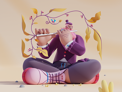 Birds, Plants & Music - The Flutist 🌿🎵 2d 3d animation bird blender character color cute flowers graphic design illustration isometric loop low poly music musician nature people plants ui