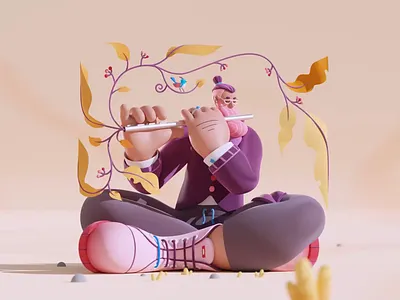 Birds, Plants & Music - The Flutist 🌿🎵 2d 3d animation bird blender character cute design flowers graphic design illustration loop low poly motion graphics music nature people plant ui