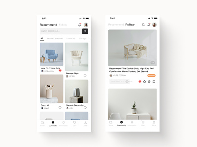 Recommended content stream、Follow page feed feed stream follow page furniture shopping social content flow waterfall flow