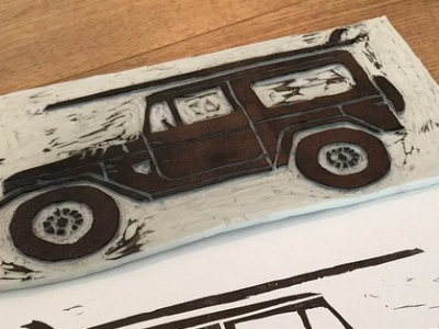 My first hand-carved stamp of a Toyota FJ40 block linocut print