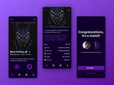 Black Panther's dating app avengers black panther design graphic design mobile mobile design ui ui design ux
