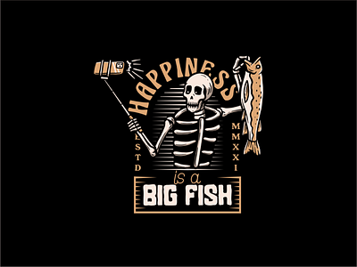 Skull Selfie With Big Fish badge bait bigfish bring cartoon chil distressed fishing got happy hold illustration logo old retro selfie skull tshirt design typography vintage