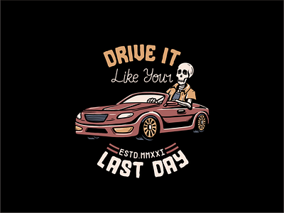 Skull Drive A Car alone badge cars cartoon chill enjoy illustration logo old retro ride road skull sportcar travelling tshirt design typography vintage way