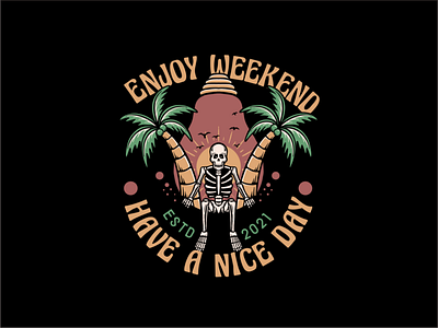 Skull Enjoy The Weekend In Beach alone badge beach cartoon chill distressed dusk enjoy illustration logo old relax retro sitdown skull sunset tree tshirt design typography vintage