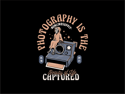 Skull Above The Camera alone badge camera cartoon chill death distressed enjoy illustration logo moment old photo photography reaper retro sitdown tshirt design typography vintage