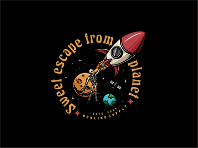 Skull Doing Sweet Escape With Rocket adventure alone badge cartoon distressed earth escape illustration logo old planet retro rocket skull sweet travelling tshirt design typography vintage world