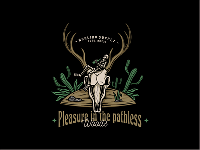 Skull Enjoy The Pleasure In Woods alone animals badge cartoon chill distressed drunk enjoy illustration logo nature old pleasure relax retro skull tshirt design typography vintage wood