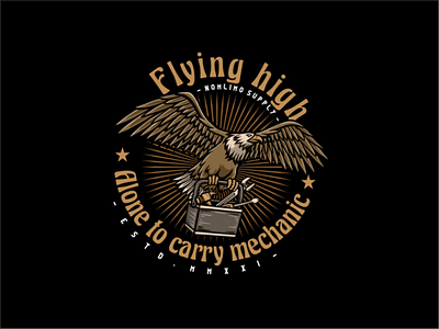 The Eagle Carry Mechanic animals badge box brave bring carry cartoon distressed eagle fly illustration logo mechanic old powerful retro tshirt design typography vintage wild