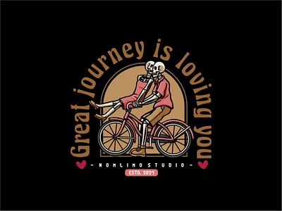 Two Skull Sweet On Ride Bike badge bike both cartoon distressed heart illustration kiss logo love old retro ride romantic skull sweet together tshirt design typography vintage