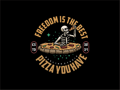 Skull Eating Slice Pizza badge big cartoon chill delicious distressed eat enjoy food hungry illustration logo mouth old pizza retro skull tshirt design typography vintage